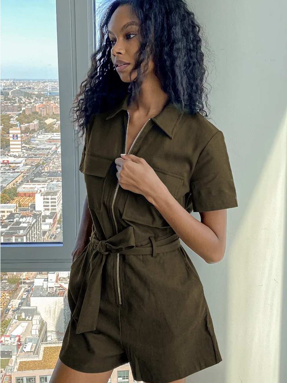 Forever 21 Olive Utility Short-Sleeve Romper with Tie Waist - Picture 2 of 13